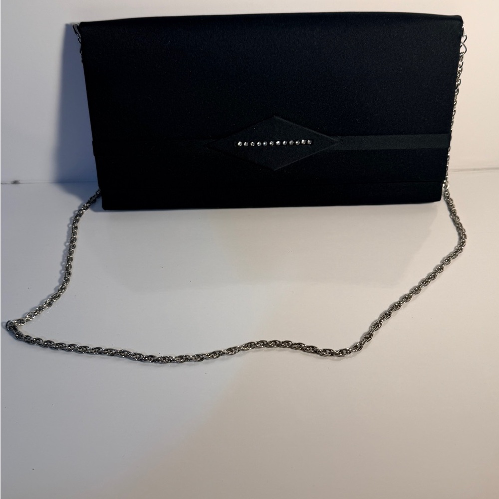 Hand Made Elegant Black Clutch with Silver Chain Strap